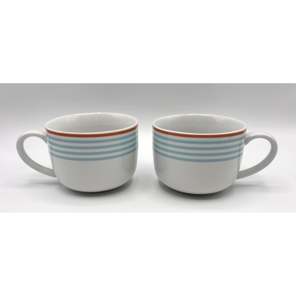 Pottery Barn Cheeky I Help End Hunger Coffee Mug Aqua Orange Stripe 2cup Set EUC